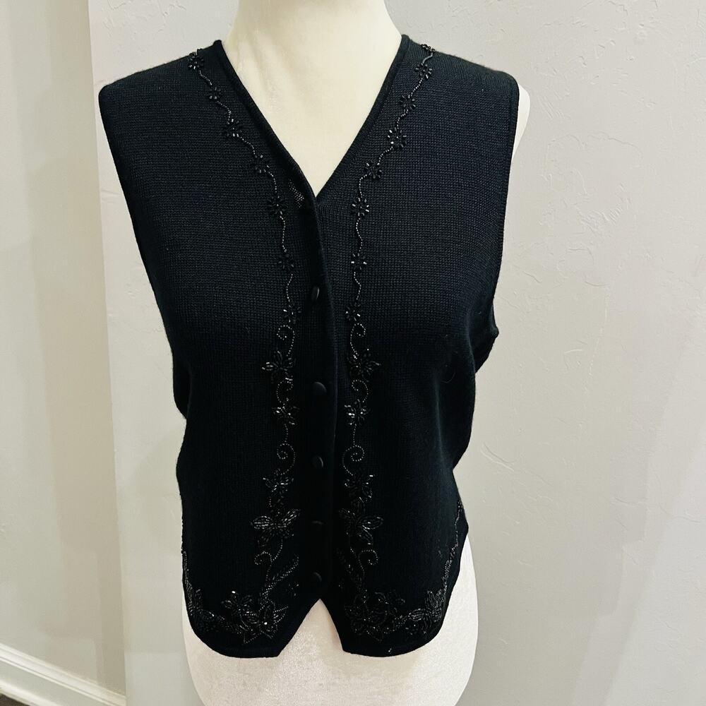CHAUS Petite black beaded sleeveless vest v neck cardigan sweater S women’s